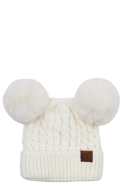 CC DOUBLE POM POM CABLE PATTERN BEANIE HAT