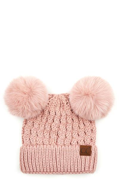 CC DOUBLE POM POM CABLE PATTERN BEANIE HAT