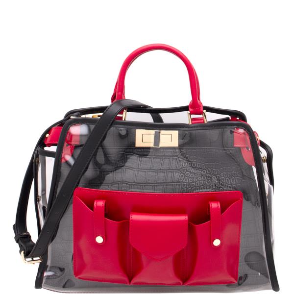 STYLISH CROC CLEAR HANDLE BUTTON SATCHEL BAG