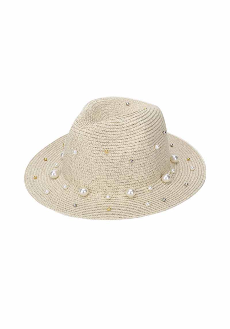 FASHION STRAW PEARL STUDDED PANAMA SUNHAT