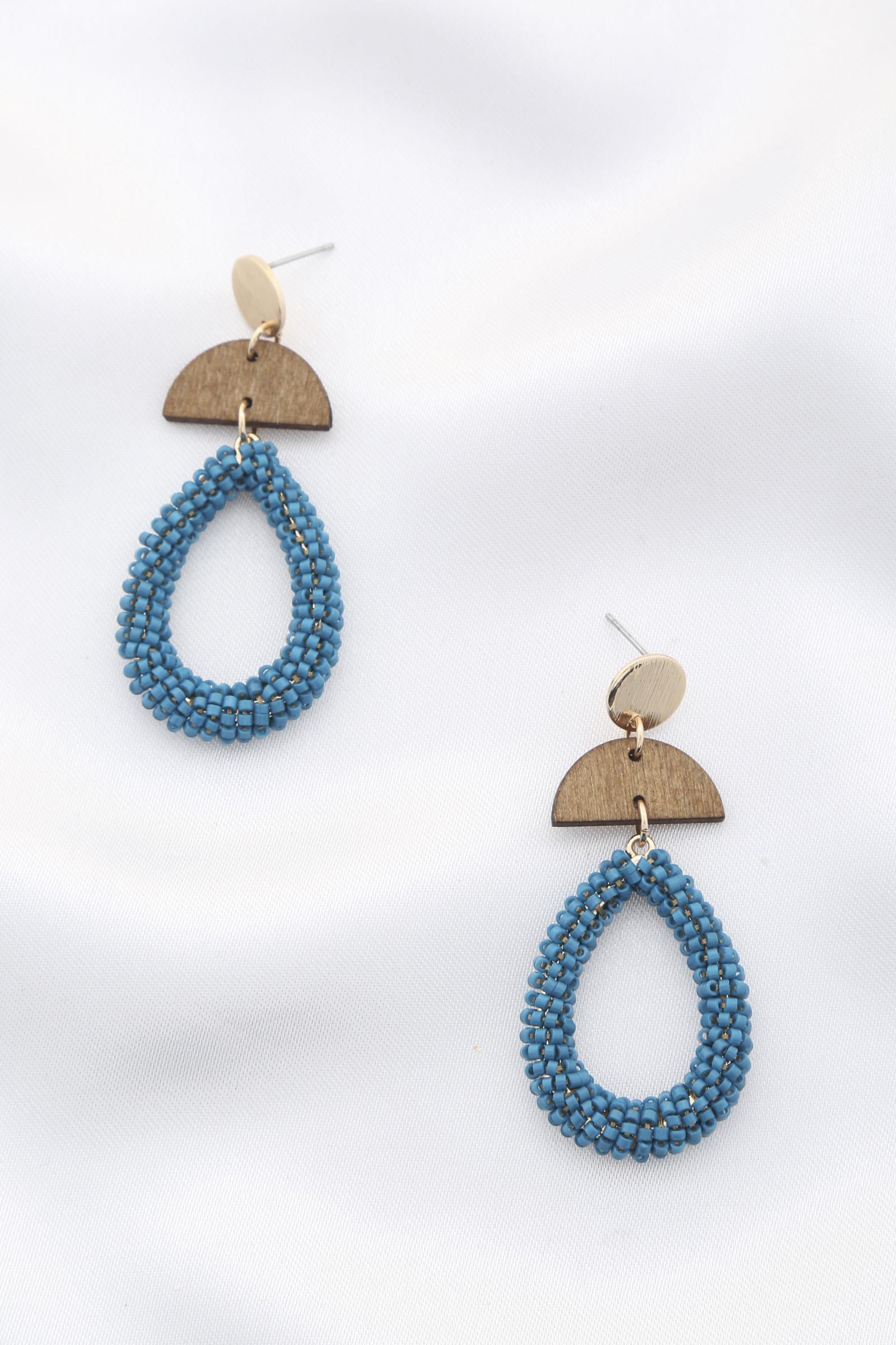 SEED BEAD WOOD DANGLE EARRING