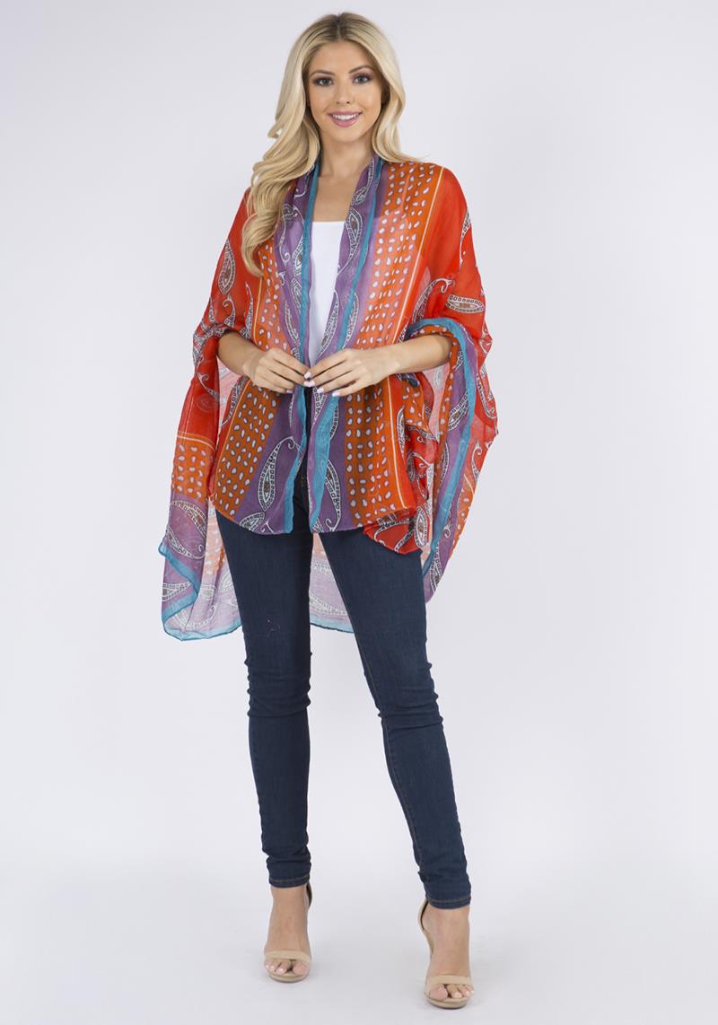 FASHION MESH PAISLEY PRINT COVER UP KIMONO SCARF