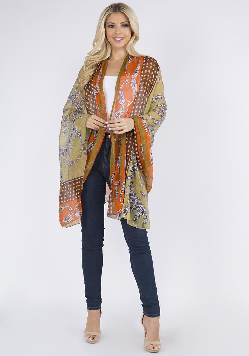 FASHION MESH PAISLEY PRINT COVER UP KIMONO SCARF