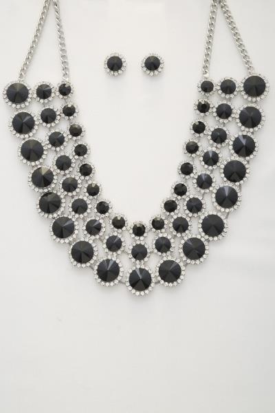 RHINESTONE CRYSTAL ROUND STONE TRIPLE LAYER NECKLACE AND EARRING SET