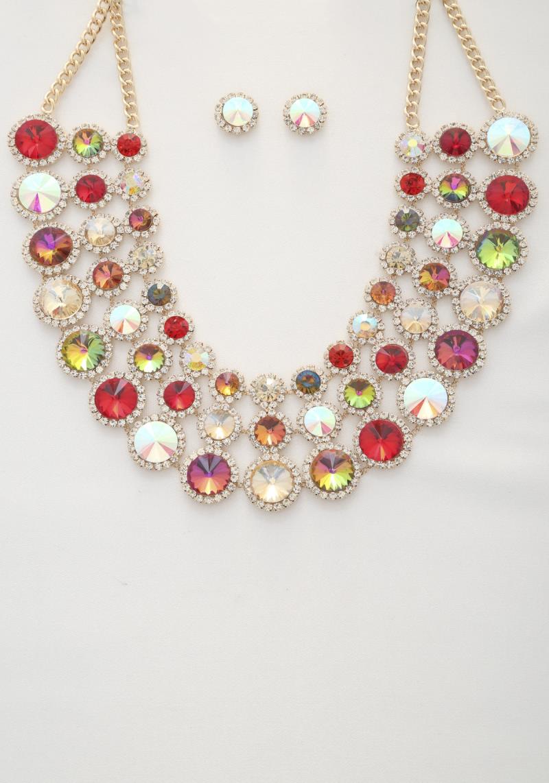 RHINESTONE CRYSTAL ROUND STONE TRIPLE LAYER NECKLACE AND EARRING SET