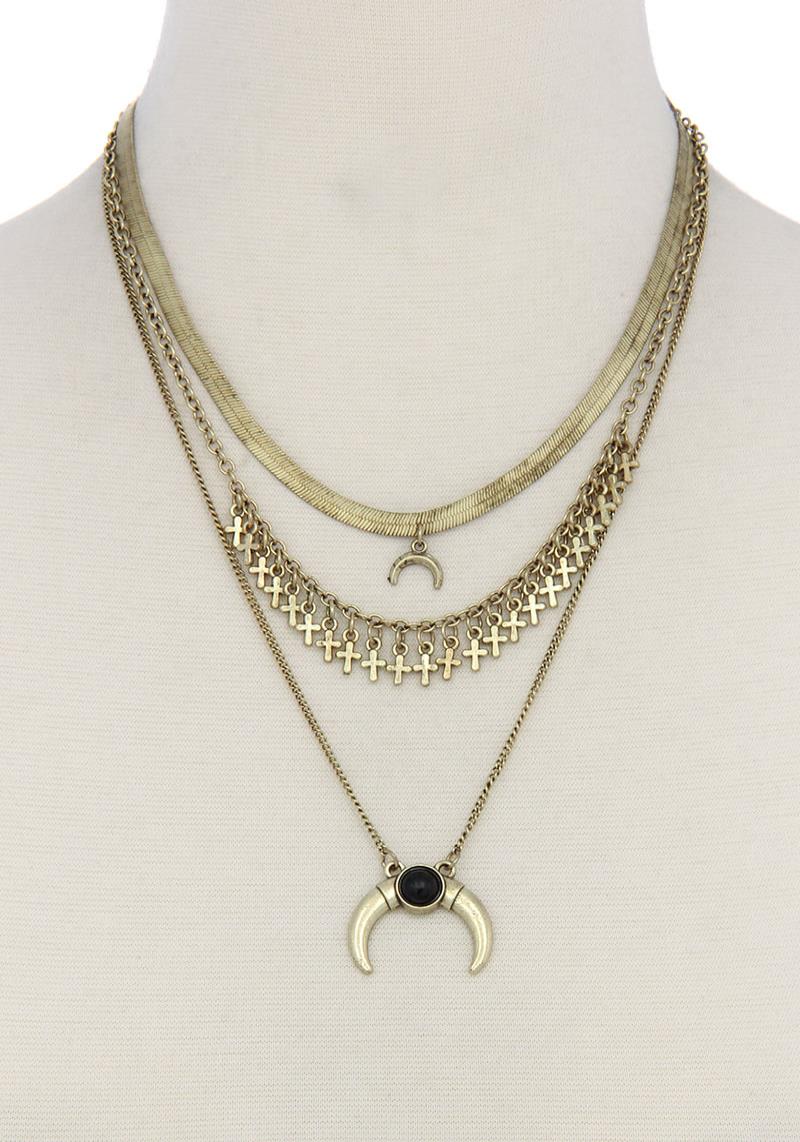 DOUBLE HORN CROSS CHARM METAL LAYERED NECKLACE