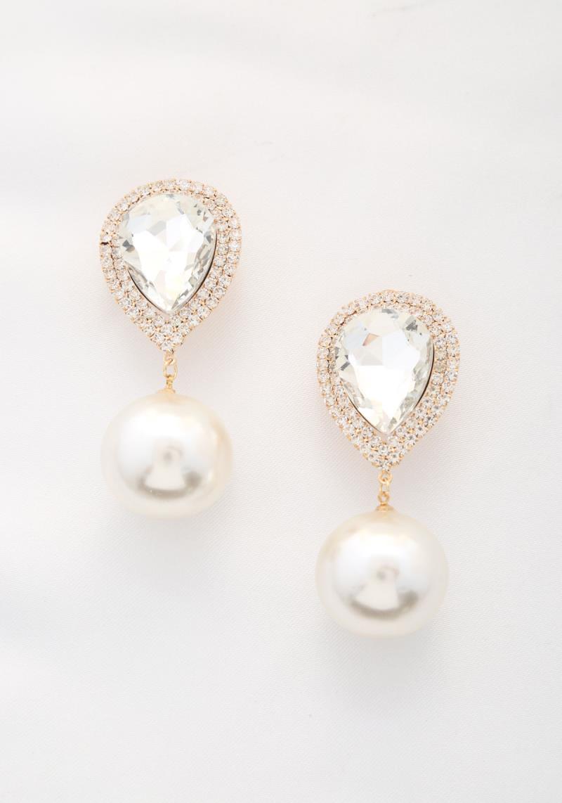TEARDROP CRYSTAL STONE PEARL DANGLE EARRING