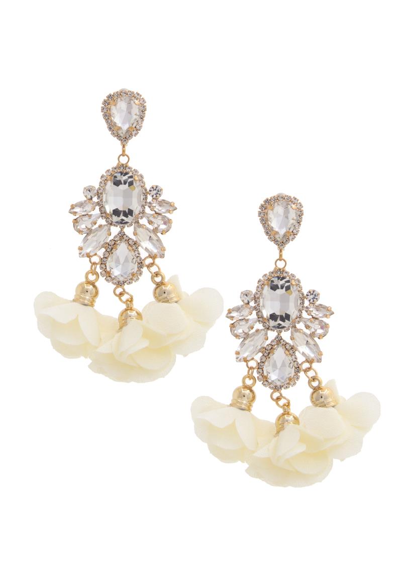 OVAL CRYSTAL FLOWER TASSEL DANGLE EARRING