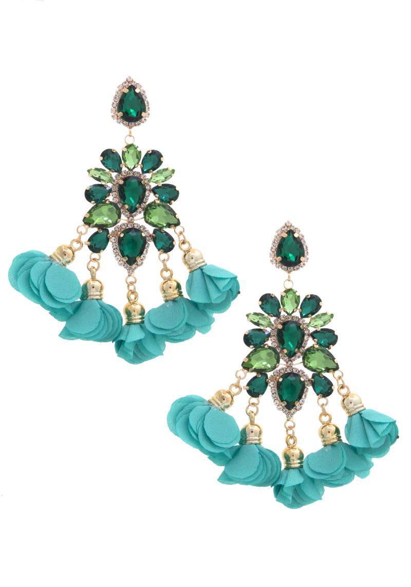 RHINESTONE FLOWER TASSEL DANGLE EARRING