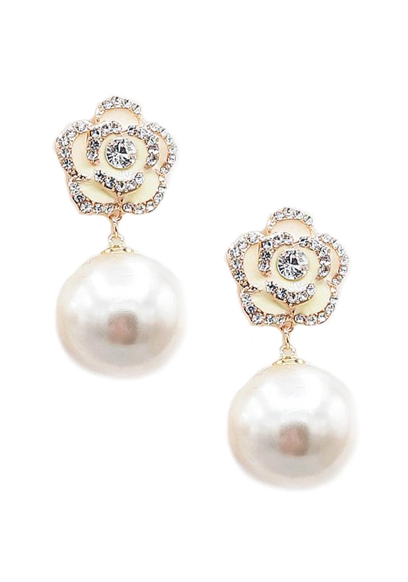 STYLISH RHINESTONE FLOWER PEARL BALL EARRING