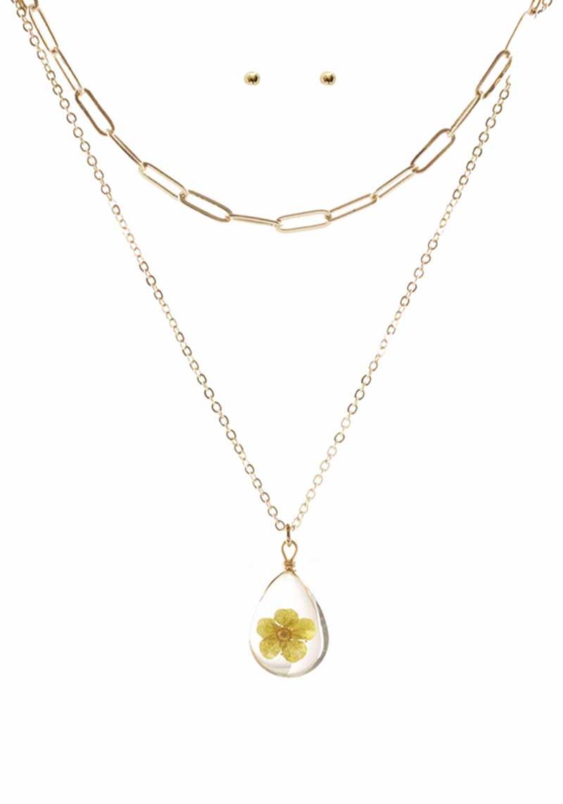 2 LAYERED METAL CHAIN FLOWER RESIN PENDANT NECKLACE EARRING SET