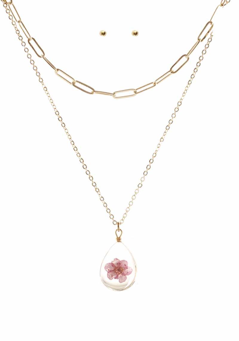 2 LAYERED METAL CHAIN FLOWER RESIN PENDANT NECKLACE EARRING SET