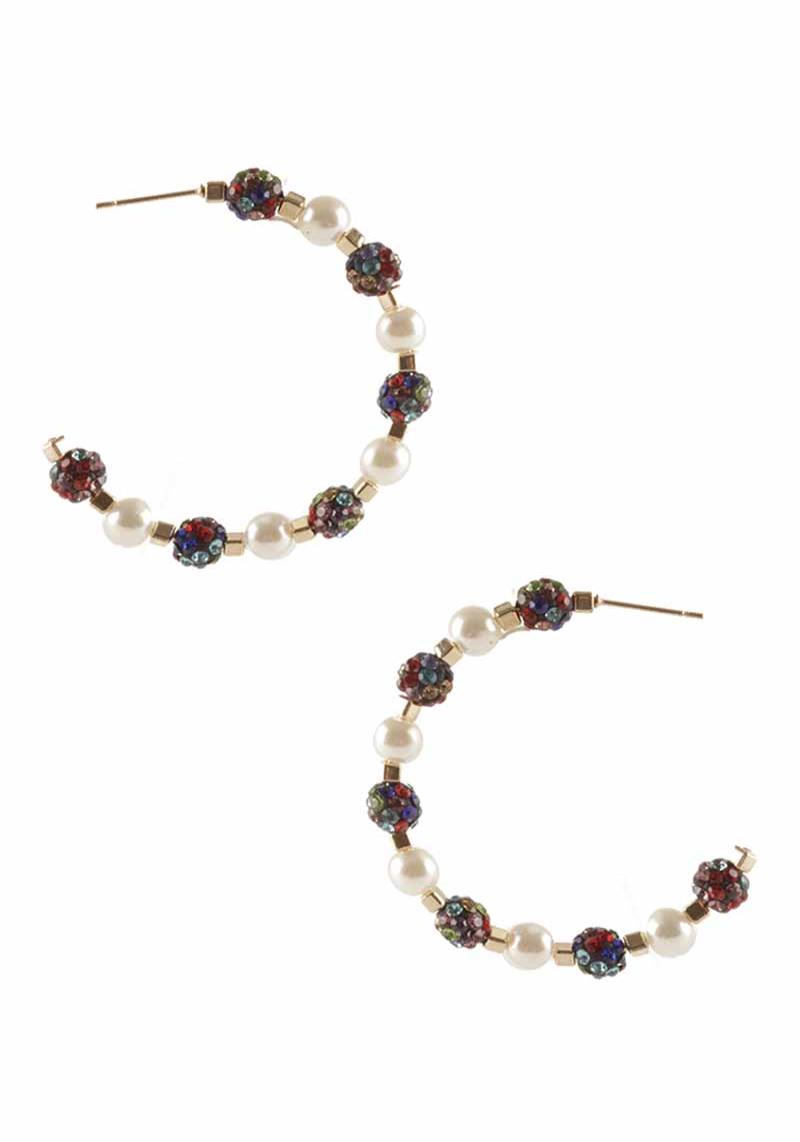 PEARL RHINESTONE BALL HOOP EARRING