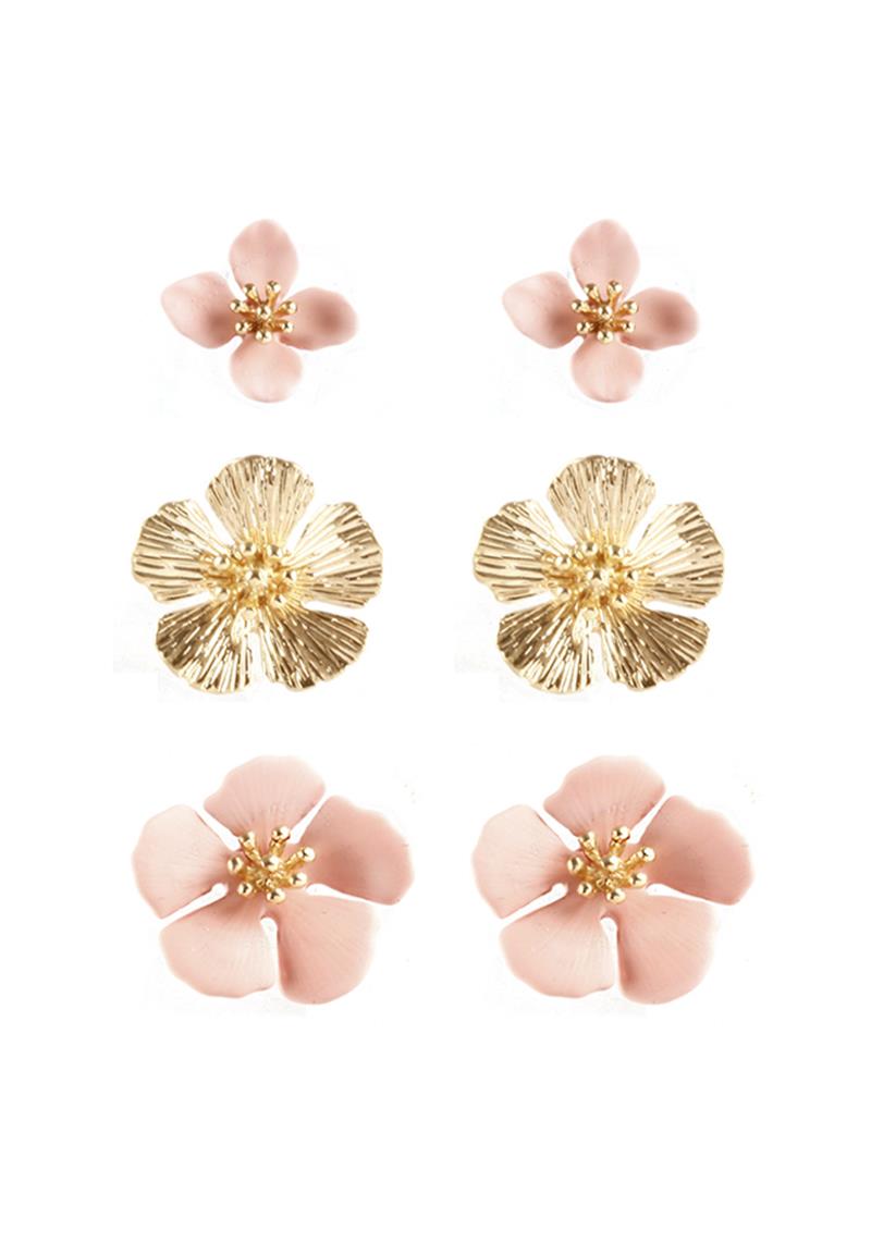 FASHION FLOWER STUD EARRING 3 PAIR SET