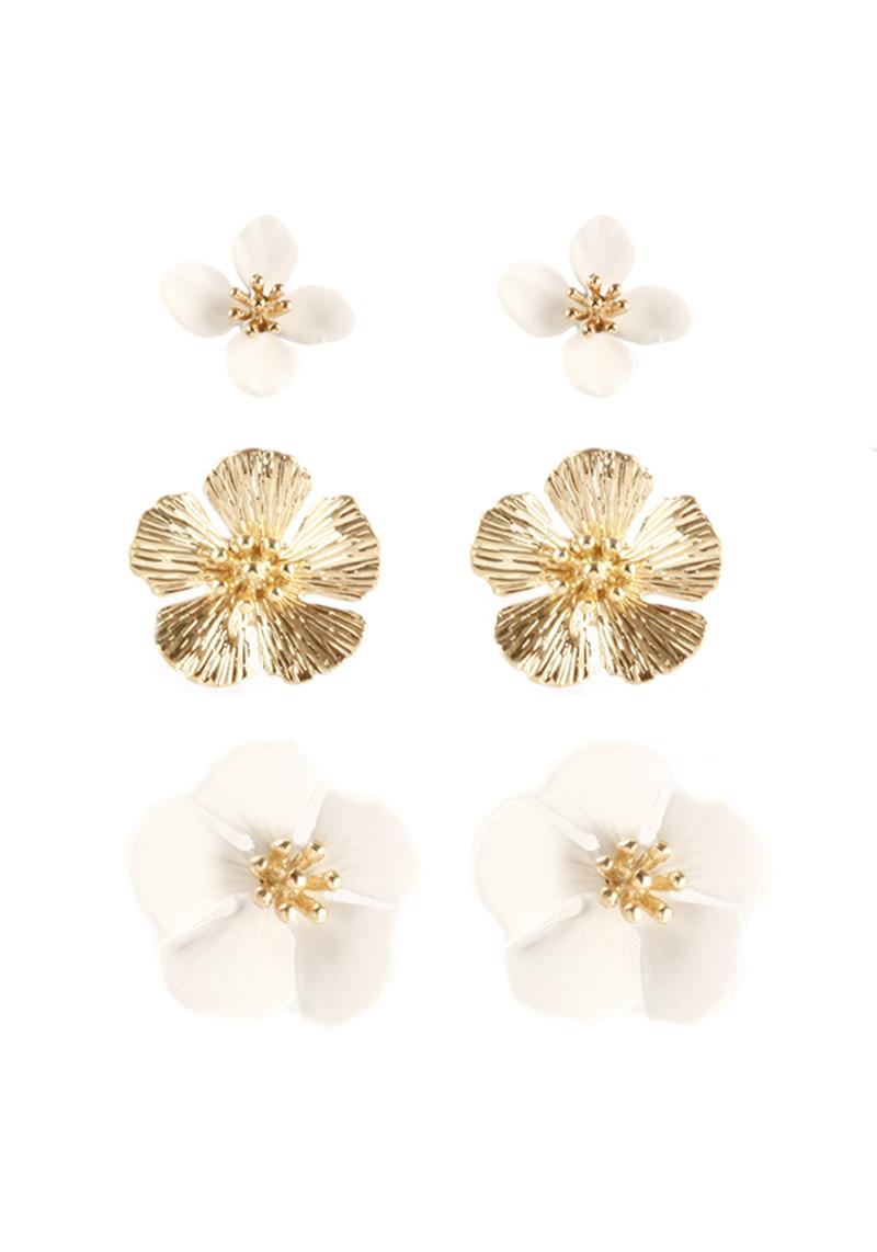 FASHION FLOWER STUD EARRING 3 PAIR SET
