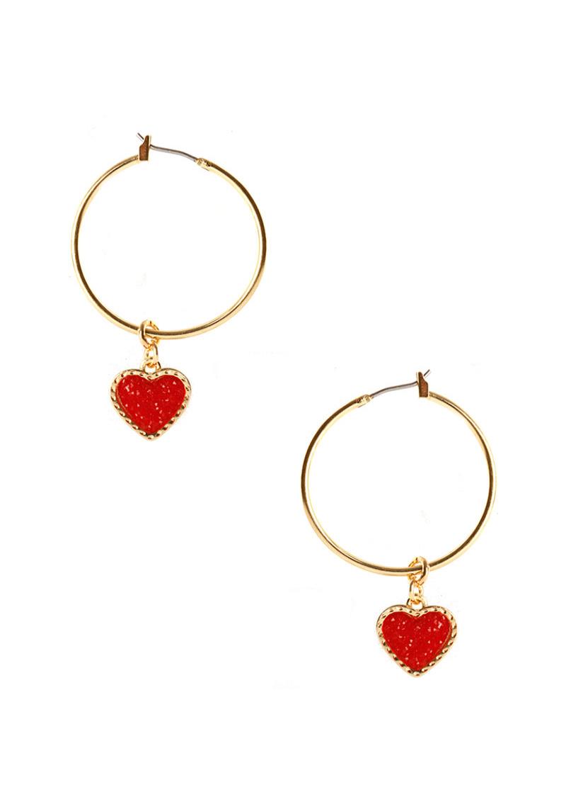 DRUZY HEART DANGLE METAL HOOP EARRING