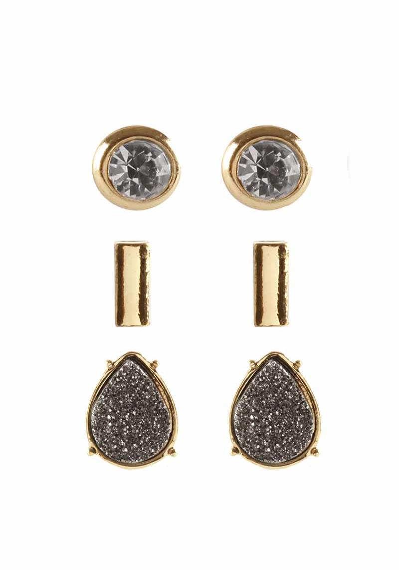 DRUZY STONE STUD EARRING 3 PAIR SET