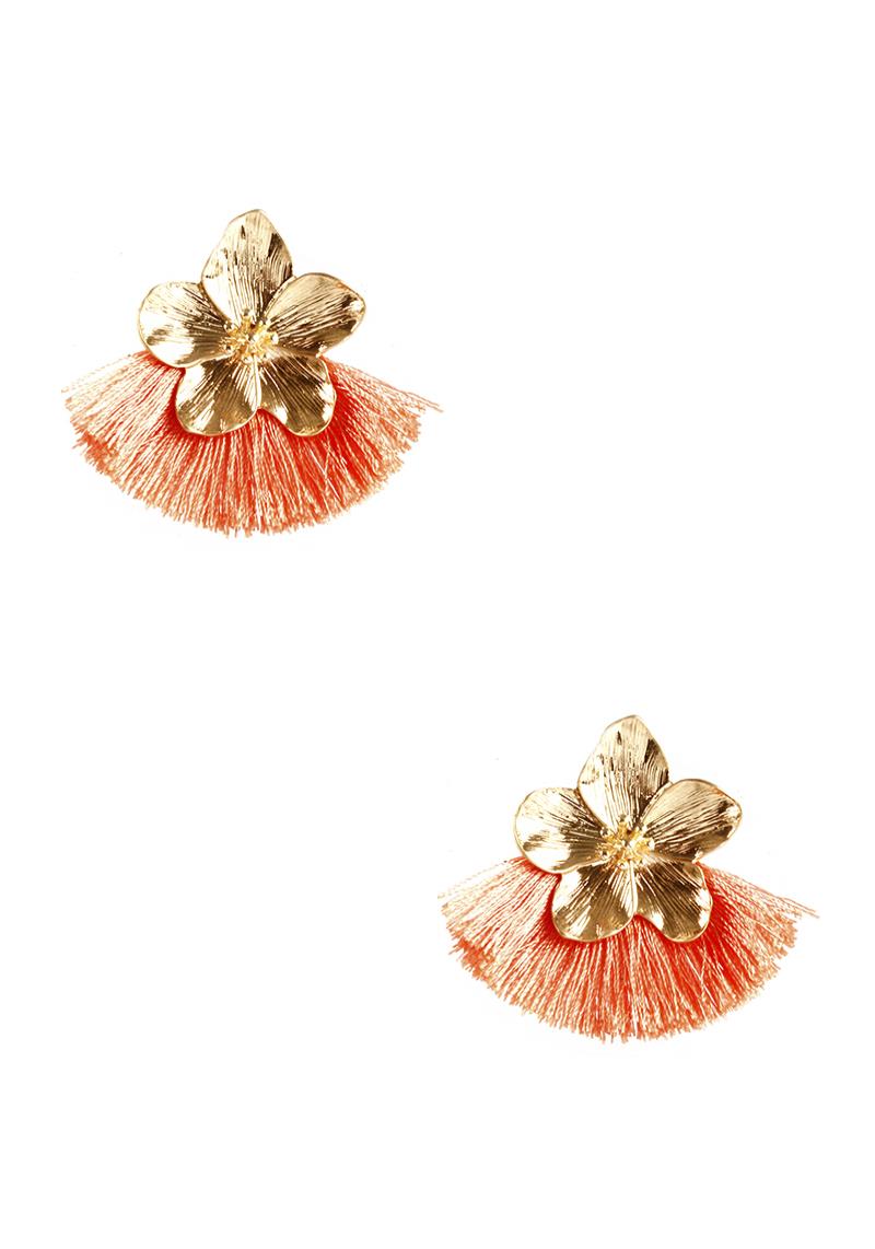 METAL FLOWER TASSEL STUD EARRING