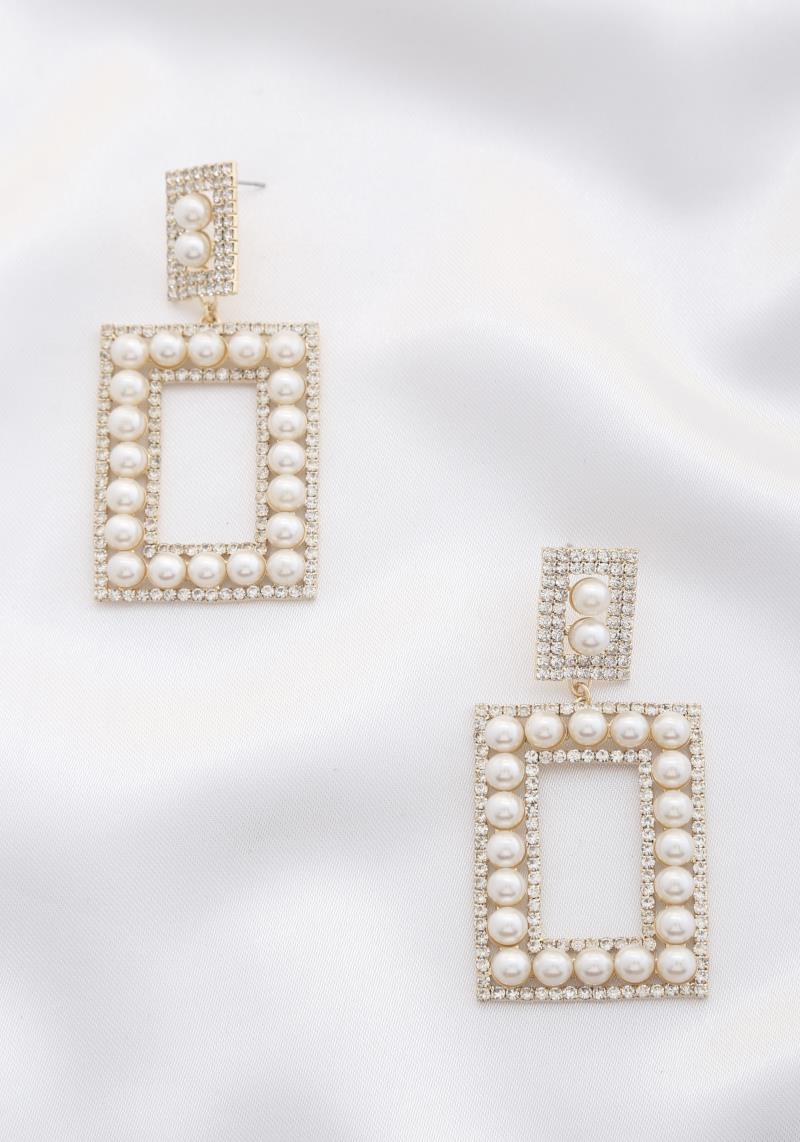PEARL RECTANGLE RHINESTONE DANGLE EARRING