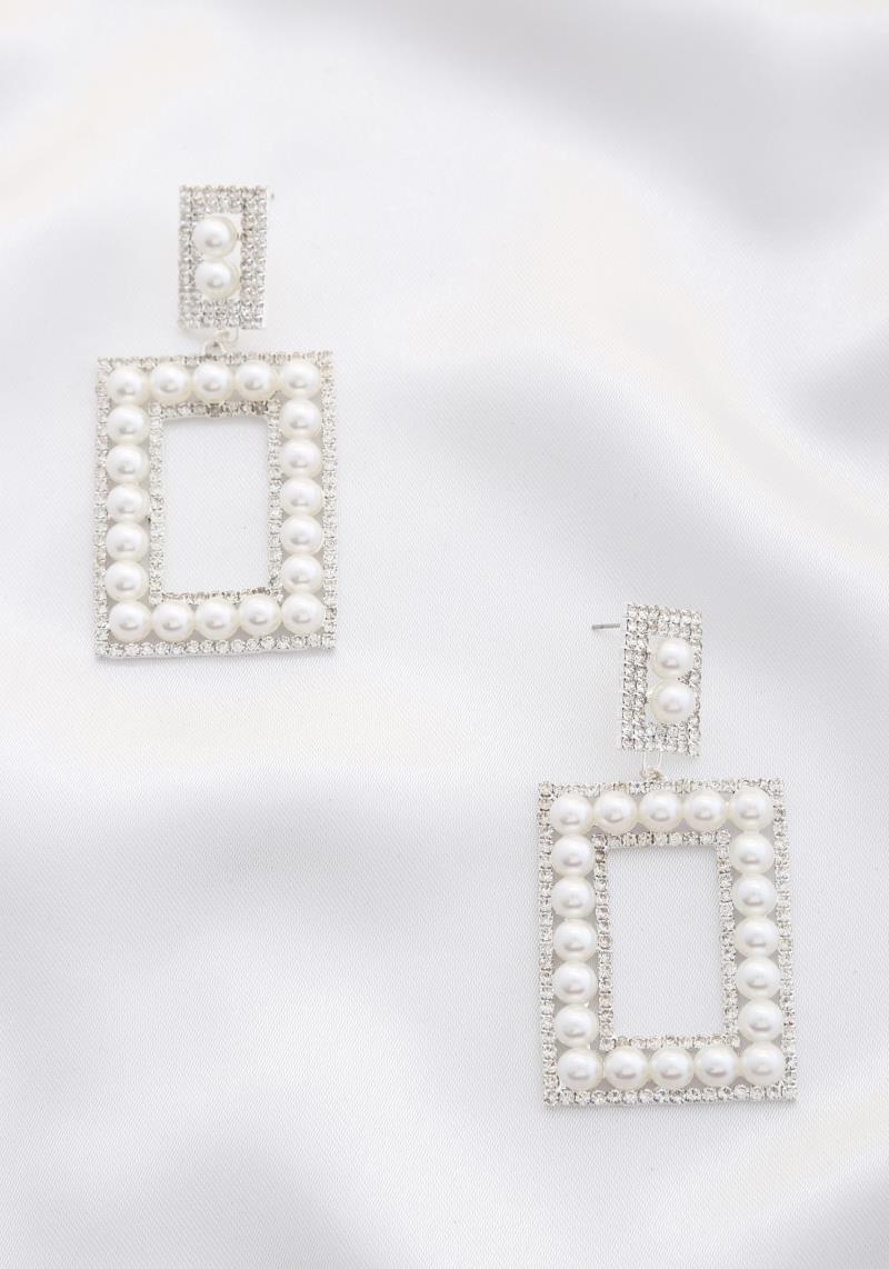PEARL RECTANGLE RHINESTONE DANGLE EARRING