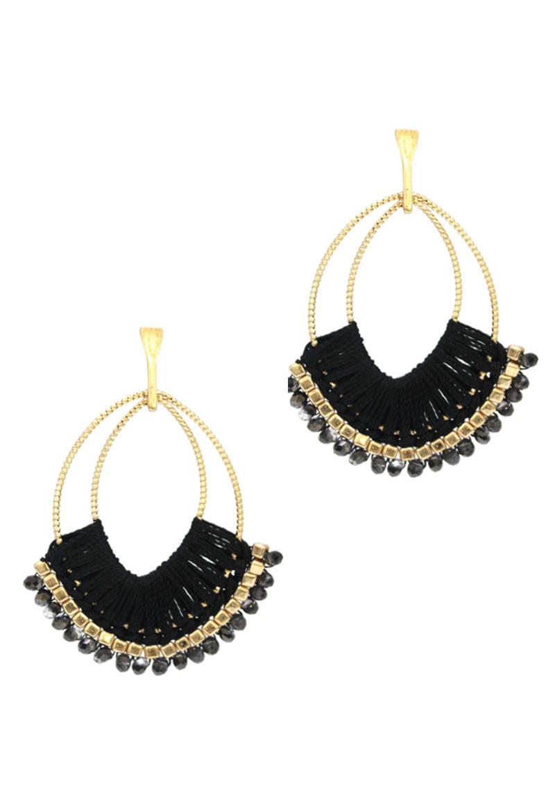 OVAL SHAPE BEADED THREAD WRAP POST DROP EARRING