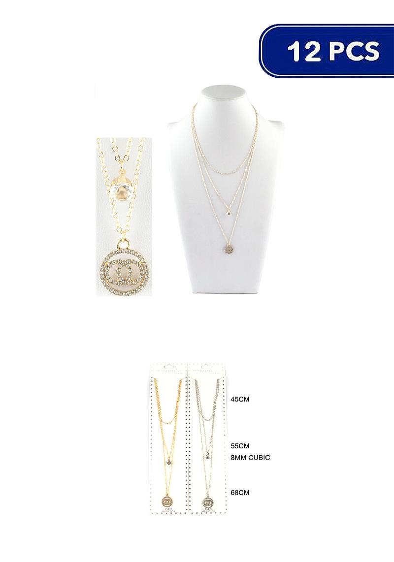 FASHION RHINESTONE PENDANT DESIGN CRYSTAL CHAIN TRIPLE NECKLACE (12 UNITS)