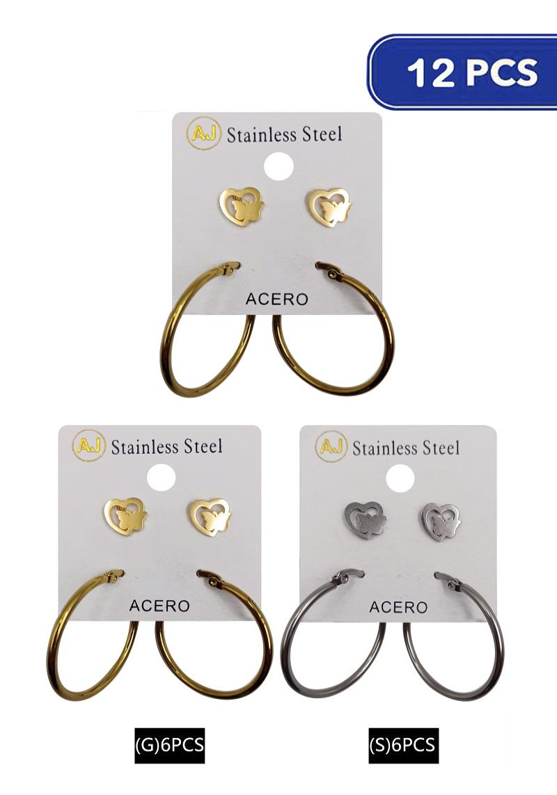 FASHION STAINLESS STEEL HOOP HEART STUD EARRING 2 PAIR SET (12 UNITS)