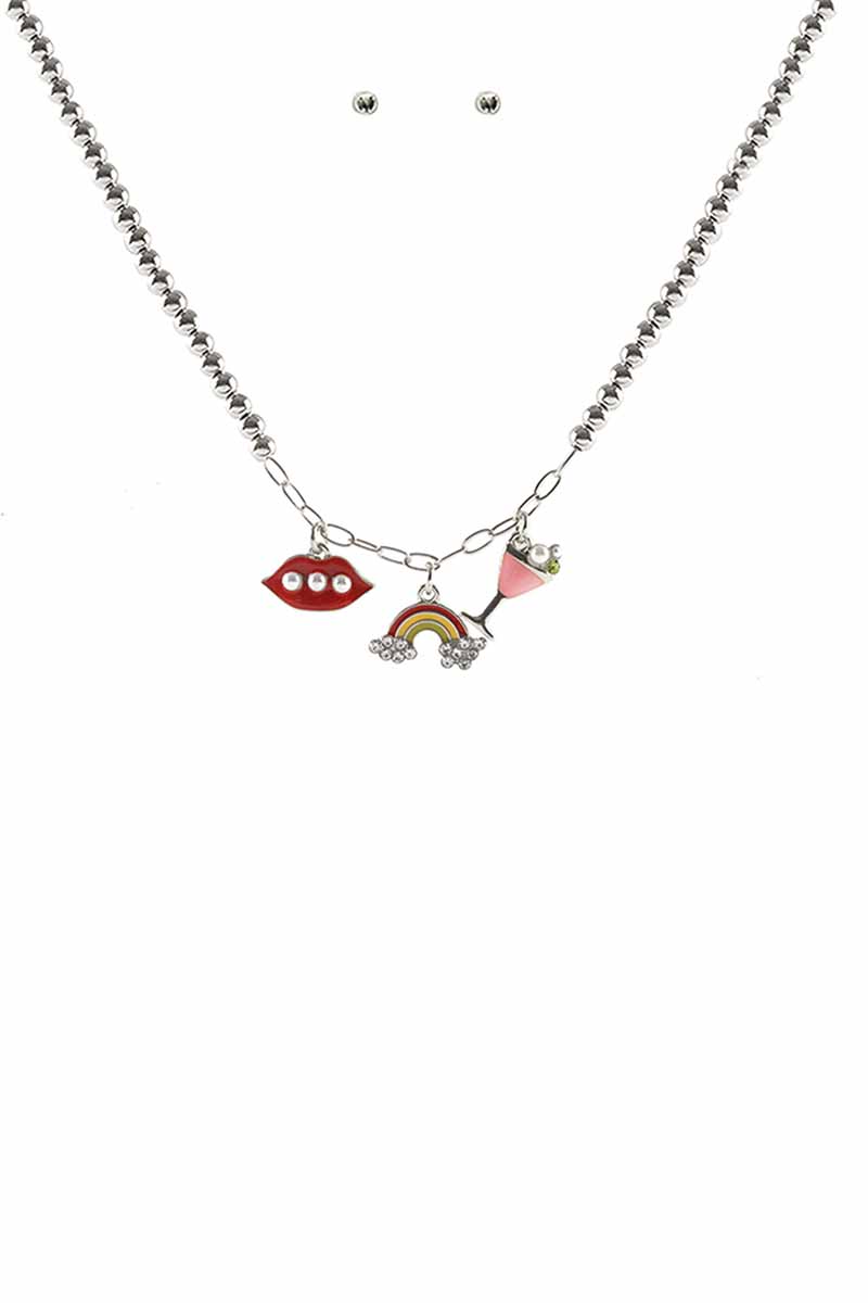 METAL BALL CHAIN LIPS RAINBOW EYE PENDANT NECKLACE EARRING SET