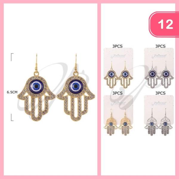 FASHION RHINESTONE HAMSA DANGLE EARRING (12 UNITS)