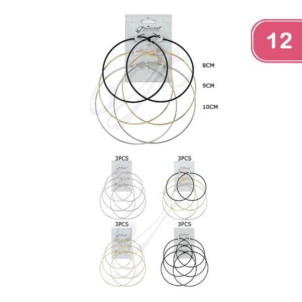 FASHION 3 PAIR HOOP EARRING SET (12 UNITS)