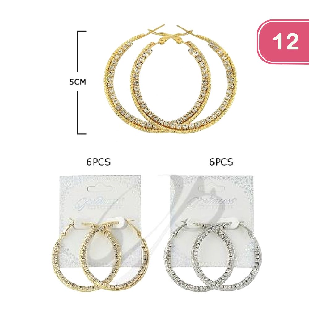 TRENDY RHINESTONE METAL HOOP EARRING (12 UNITS)