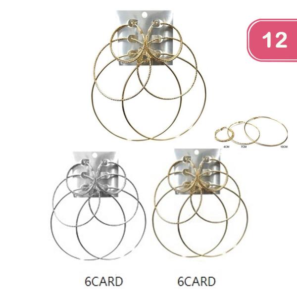 FASHION METAL HOOP EARRING 3 PAIR SET (12 UNITS)