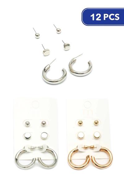 FASHION METAL HOOP STUD EARRING 3 PAIR SET (12 UNITS)