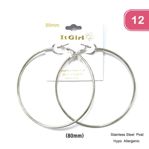 FASHION STAINLESS STEEL POST 80MM HOOP EARRING (12 UNITS)