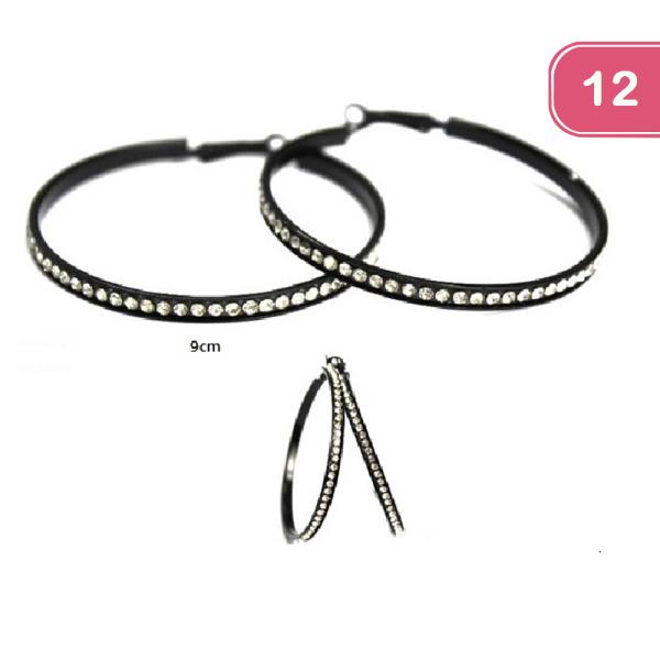 RHINESTONE 9CM BLACK HOOP EARRING (12 UNITS)