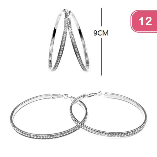 RHINESTONE 9CM BLACK HOOP EARRING (12 UNITS)
