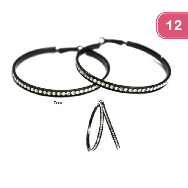 RHINESTONE 7 CM BLACK HOOP EARRING (12 UNITS) (12 UNITS)