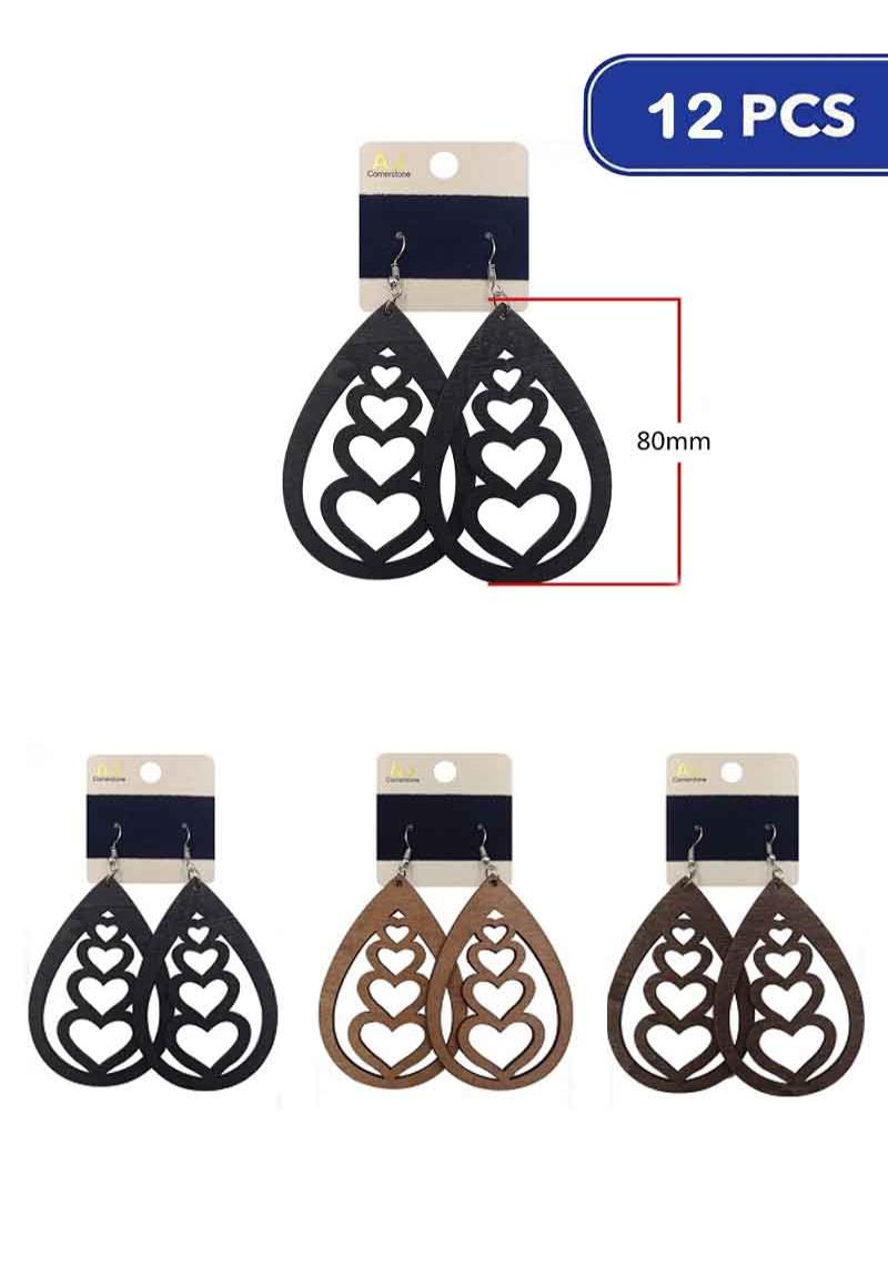 FASHION WOOD TEARDROP HEART DANGLE EARRING (12 UNITS)