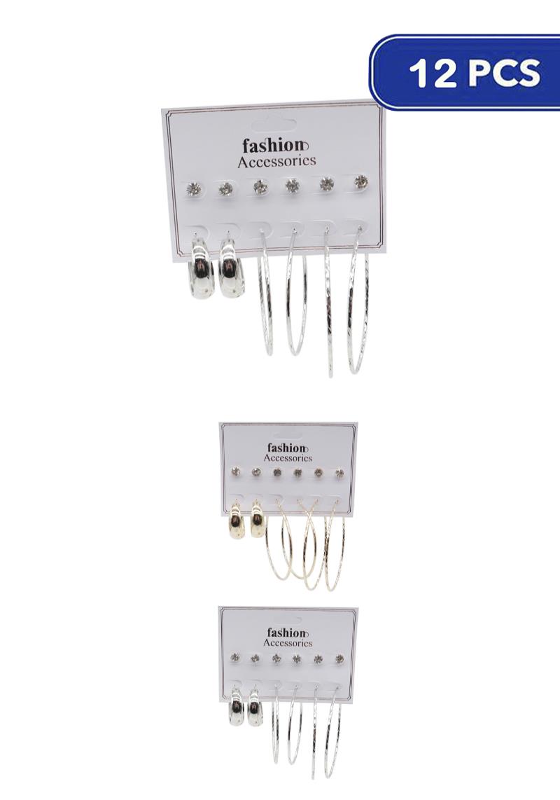 FASHION RHINESTONE STUD & HOOP EARRING 6 PAIR SET (12 UNITS)