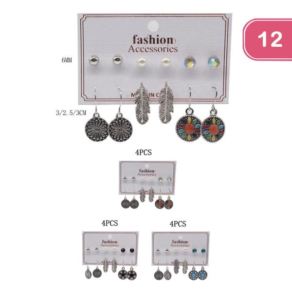 FASHION PEARL CRYSTAL BALL FLOWER FEATHER 6 PAIR EARRING SET 12 UNITS