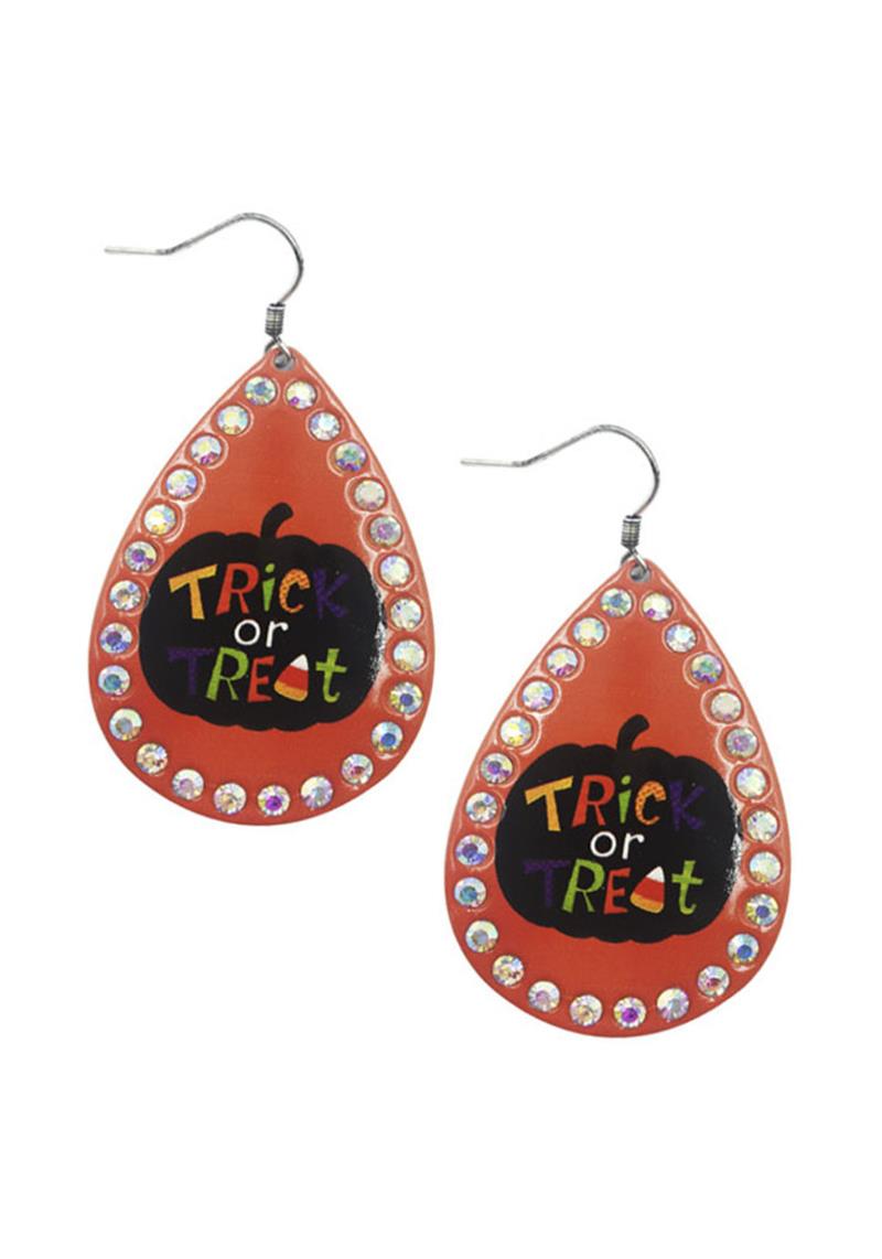 RHINESTONE TEARDROP HALLOWEEN TRIC OR TREAT DANGLE EARRING