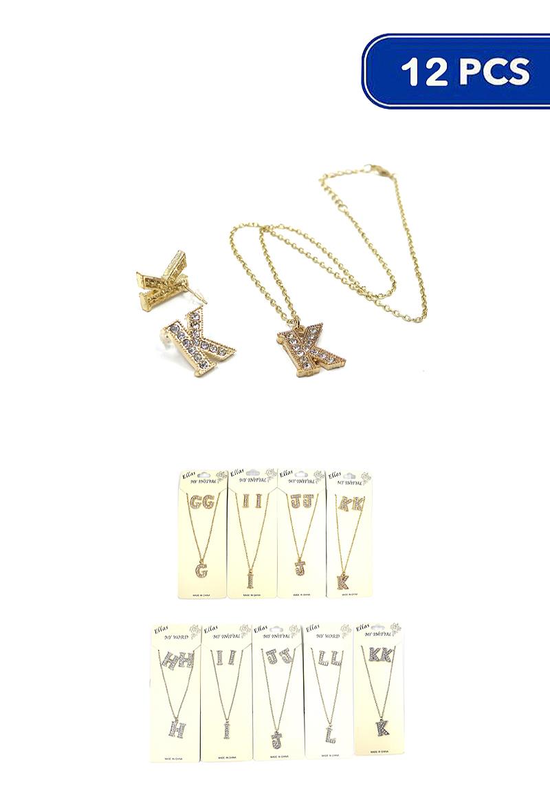 RHINESTONE LETTER MIX2 CHAIN CHOKER NECKLACE WITH EARRING SET (12 UNITS)