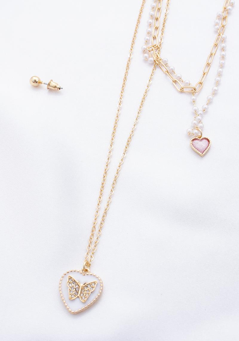 HEART PENDANT 3 LAYERED NECKLACE EARRING SET