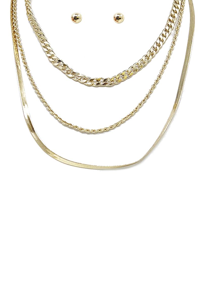 3 LAYERED METAL CHAIN NECKLACE EARRING SET