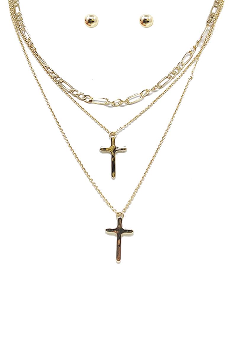 3 LAYERED METAL CHAIN CROSS PENDANT NECKLACE EARRING SET