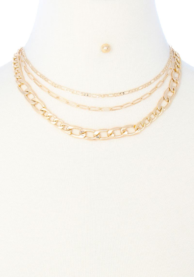 3 LAYERED METAL CHAIN NECKLACE EARRING SET