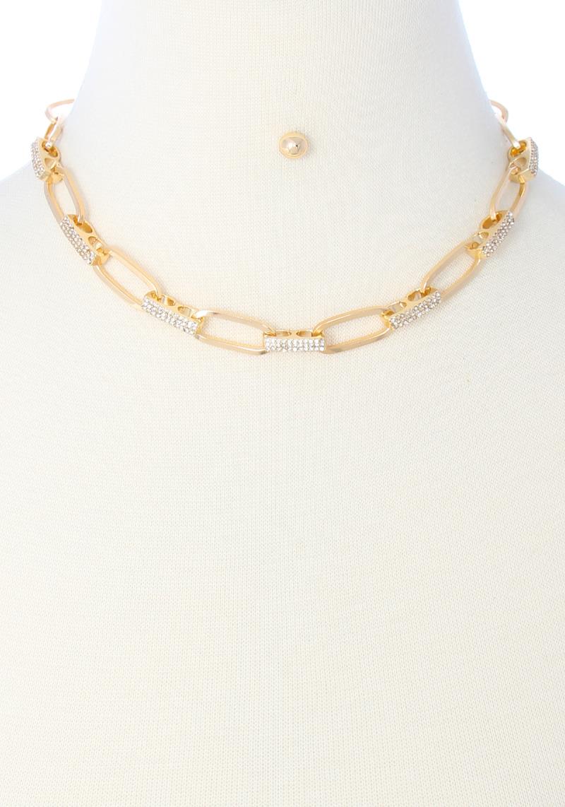 METAL & RHINESTONE CHAIN NECKLACE EARRING SET