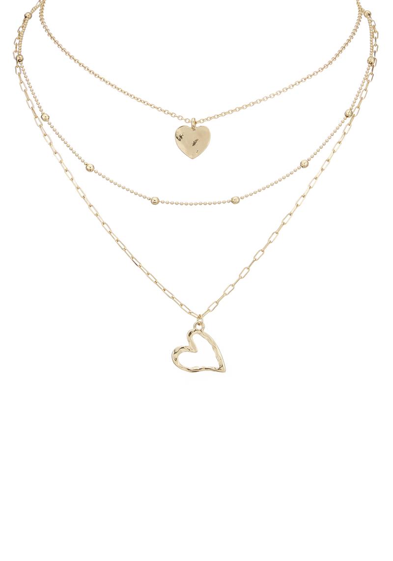 METAL 3 LAYERED CHAIN HEART PENDANT NECKLACE