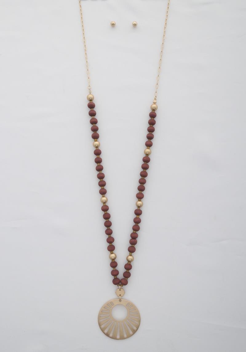 ROUND FILIGREE METAL PENDANT WOOD BEAD LONG NECKLACE