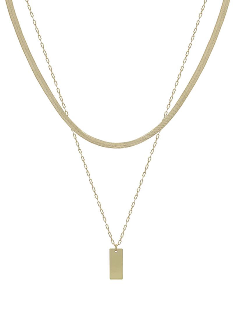 2 LAYERED METAL CHAIN RECTANGLE PENDANT NECKLACE